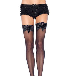 Sheer Lace Top Thigh Highs With Satin Bow Accent - One Size - Black LA-1912