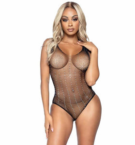 Rhinestone Fishnet Snap Crotch Bodysuit - One Size - Black LA-89260BLKOS