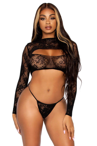 2 Pc. Lace Crop Top and G-String - One Size - Black LA-81619BLK