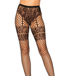 Lace French Cut Faux Garter Net Tights - One Size  Black LA-9281BLK