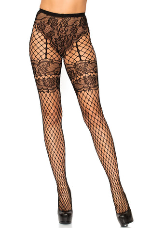 Lace French Cut Faux Garter Net Tights - One Size  Black LA-9281BLK