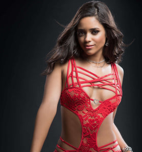 2pc Caged Teddy and Lace Garter - One Size -  Candy Red GWD-BL2009RD