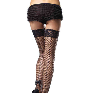 Stay Up Industrial Net Backseam Thigh Highs With Lace Top and Satin Bow Accent - One Size - Black LA-9315