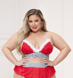 3 Pc Rhinestone Stud Bra With Marabou Trim and  Garter Belt With Mesh Thong - Queen - Red STM-11478XPRDQ