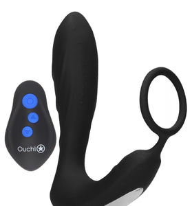 E-Stimulation and Vibration Butt Plug With Cock Ring and Wireless Remote Control - Black OU-OU580BLK