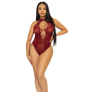 Net and Lace Keyhole Halter Bodysuit - One Size -  Burgundy LA-89307BUROS