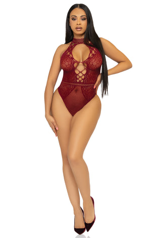 Net and Lace Keyhole Halter Bodysuit - One Size -  Burgundy LA-89307BUROS
