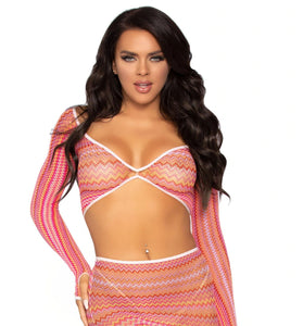 2 Pc Zig Zag Net Crop Top and Mini Dress - One   Size - Pink LA-81629PNKOS