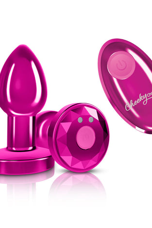 Cheeky Charms - Rechargeable Vibrating Metal Butt Plug With Remote Control - Pink - Small VB-CC9146
