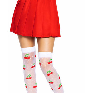 Sheer Polka Dot Cherry Thigh Highs - One Size - White/red LA-6638WHRDOS