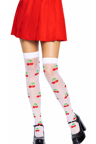 Sheer Polka Dot Cherry Thigh Highs - One Size - White/red LA-6638WHRDOS
