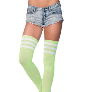 3 Stripes Athletic Ribbed Thigh Highs - One Size - Neon Green LA-6605NGRN