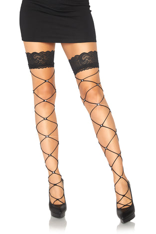 Crystalized Wide Net Lace Top Thigh Highs - One Size - Black LA-9119BLK