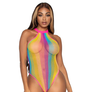 Rainbow Striped Halter Bodysuit With Snap Crotch - One Size - Multicolor LA-81556MULTOS