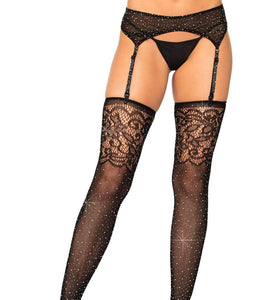 Rhinestone Lace Top Fishnet Stockings - One Size - Black LA-1945BLK