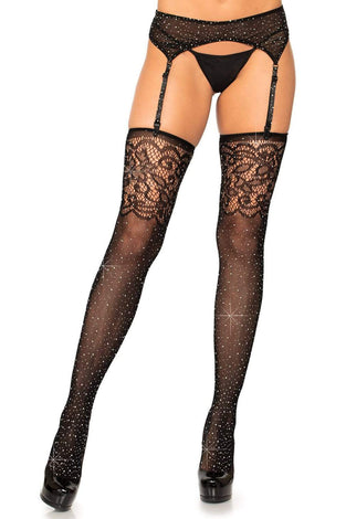 Rhinestone Lace Top Fishnet Stockings - One Size - Black LA-1945BLK