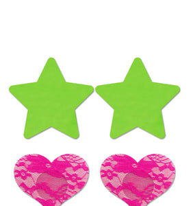 Fashion Pasties Set - Neon Green Solid Star and Neon Pink Lace Heart FL-FLA101NEON