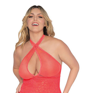 Stretch Fishnet and Scalloped Stretch Lace Chemise - Queen - Coral DG-12606XCORQ