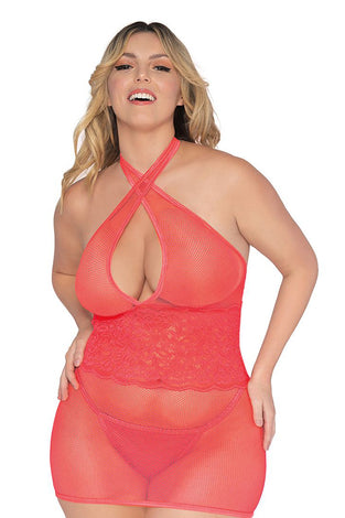 Stretch Fishnet and Scalloped Stretch Lace Chemise - Queen - Coral DG-12606XCORQ