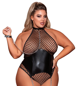 Garter Teddy and Leash - Queen Size - Black  Queen Size - Black DG-12495XBLKQ