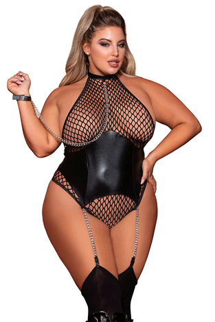 Garter Teddy and Leash - Queen Size - Black  Queen Size - Black DG-12495XBLKQ