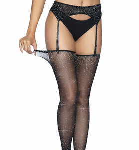 2 Pc. Rhinestone Net Garter Belt and Stockings -  One Size - Black LA-1950BLK