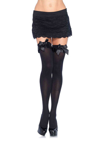 Opaque Thigh Highs With Satin Ruffle Trim and Bow - One Size - Black LA-6010