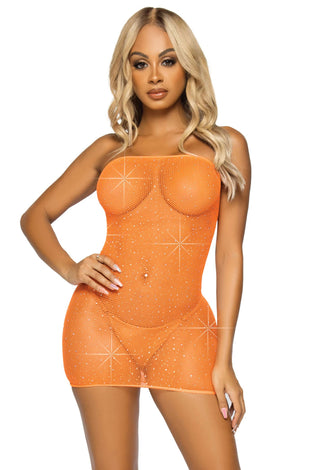 Rhinestone Fishnet Convertible Tube Dress - One  Size - Orange LA-86797ORGOS