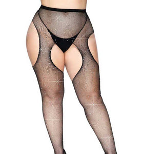 Casey Rhinestone Fishnet Suspender Pantyhose - Queen - Black LA-9108XBLKQ