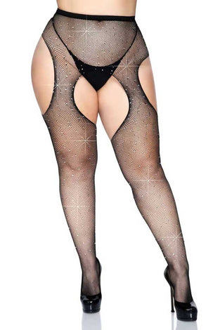 Casey Rhinestone Fishnet Suspender Pantyhose - Queen - Black LA-9108XBLKQ