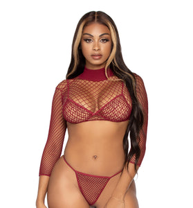 3 Pc Industrial Net Bikini Top G-String and Long  Sleeved Crop Top - One Size - Burgundy LA-81583BUR