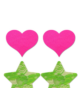 Fashion Pasties Set - Neon Pink Satin Heart and  Neon Green Lace Star FL-FLA102NEON
