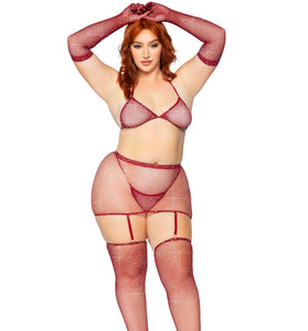 5 Pc Rhinestone Bikini Top G-String Garter Skirt,  Gloves and Stockings - Queen Size - Burgundy LA-81617XBUR