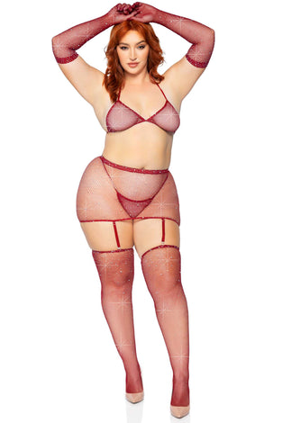 5 Pc Rhinestone Bikini Top G-String Garter Skirt,  Gloves and Stockings - Queen Size - Burgundy LA-81617XBUR