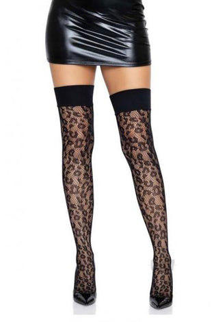Leopard Net Thigh High With Wide Band Top - One  Size - Black LA-6640BLKOS