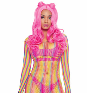 Rainbow Fishnet Long Sleeved Mini Dress - One Size - Rainbow LA-86795RNBOS