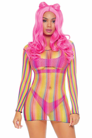 Rainbow Fishnet Long Sleeved Mini Dress - One Size - Rainbow LA-86795RNBOS