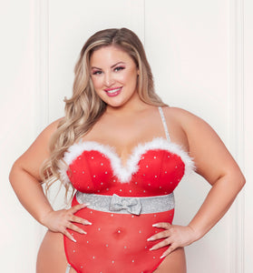 Rhinestone Studded Mesh Teddy With Marabou Trim -  1x/2x - Red STM-11470XR1X2