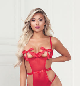 Mesh Teddy With Underwire, Satin Ribbon Bows, Rhinestone Belt, Hook and Eye Back Closure, and Open Thong - One Size - Red STM-11369PRDOS
