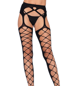 Diamond Net Opaque Stockings With Attached Garter - Black - One Size LA-1778