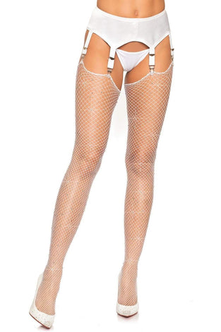 Rhinestone Fishnet Stockings - One Size - White LA-9124WHT