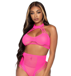 2 Pc. Net Crop Top and High Waist Bottoms - One Size - Neon Pink LA-81632NPNK