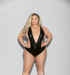 Liquid Look Chain Back Open Crotch Teddy - Queen Size - Black ES-2123XBLKQ