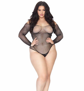Rhinestone Snap Crotch Bodysuit - 1x/2x - Black LA-89231XBL1X2
