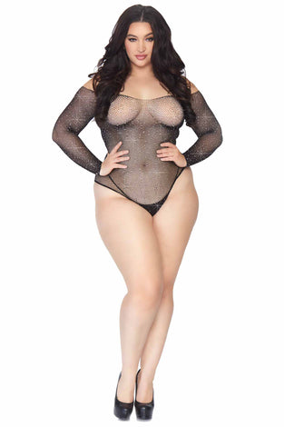 Rhinestone Snap Crotch Bodysuit - 1x/2x - Black LA-89231XBL1X2
