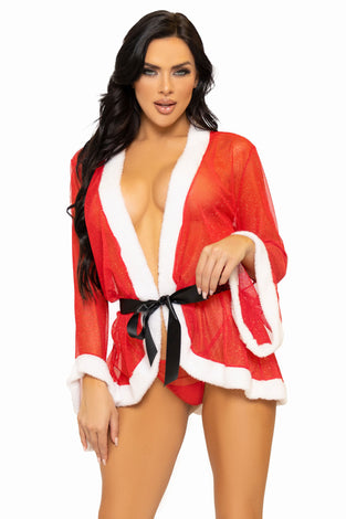 3 Pc Santa Robe and G-String Set - M/l - Red LA-86140ML
