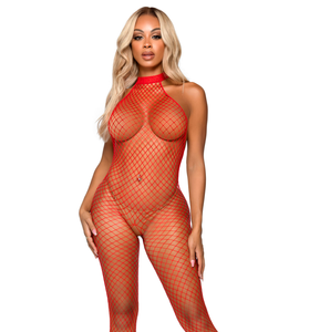 Industrial Net Racer Neck Backless Bodystocking -  One Size - Red LA-89304RED