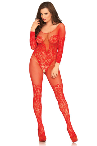 Vine Lace & Net Long Sleeved Bodystocking - One  Size - Red LA-89190RED