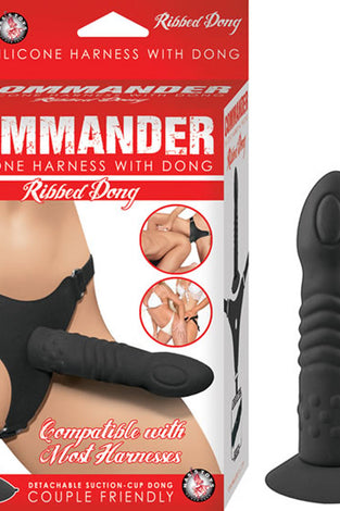 Commander Ribbed Dong With Harness - Black NW2821