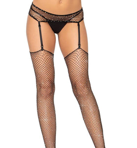Rhinestone Fishnet Stockings and Garter Belt -  One Size - Black LA-1944BLK